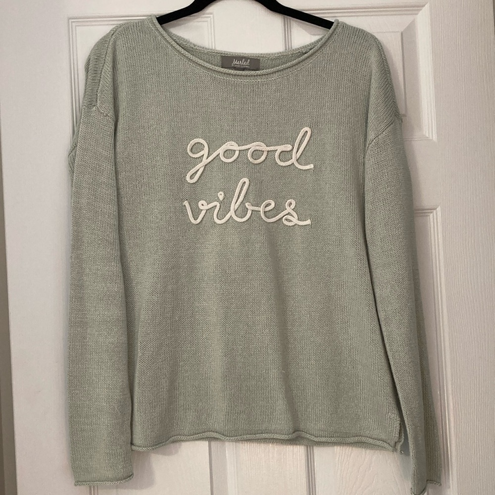 Sea Foam Green Sweater with 'Good Vibes' Embroidery